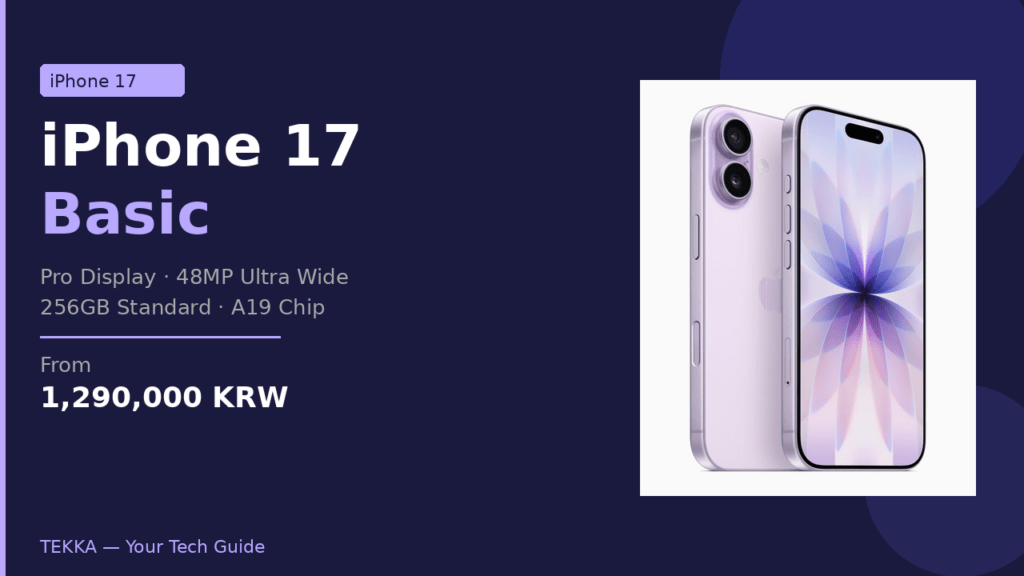 Promotional banner for iPhone 17 Basic: navy background, purple iPhone 17 on the right, and left-side headline with price.