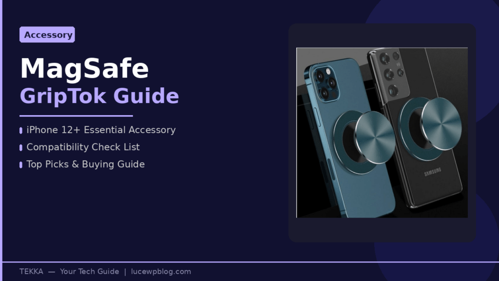 Hero banner for MagSafe GripTok Guide: features list of iPhone 12+ accessories, compatibility, and buying tips beside an image of iPhone backs with magnetic grips on the right.