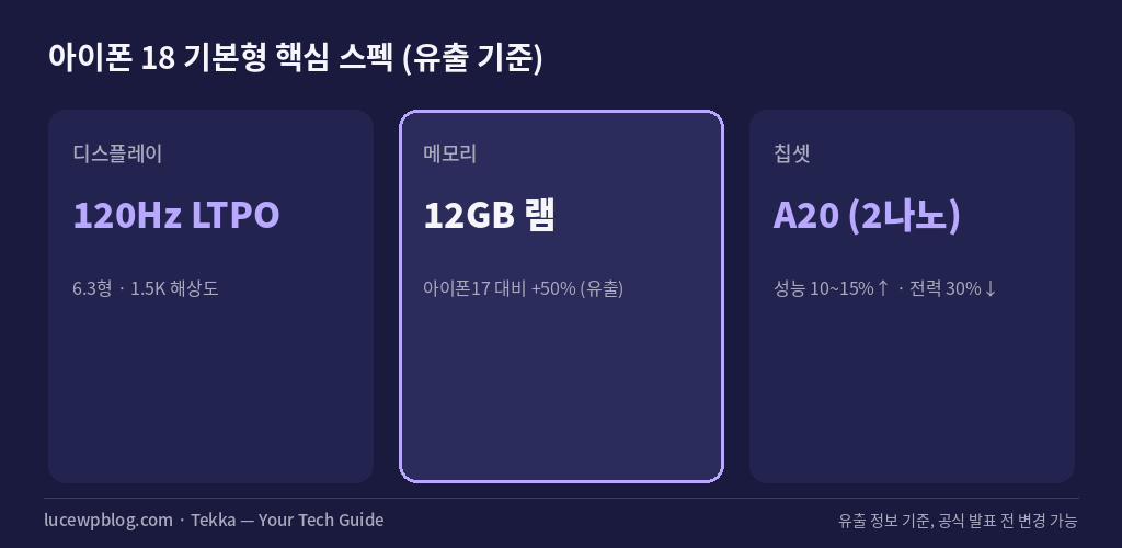 아이폰 18 기본형 핵심 스펙 카드, 120Hz LTPO 디스플레이 12GB 램 A20 2나노 칩